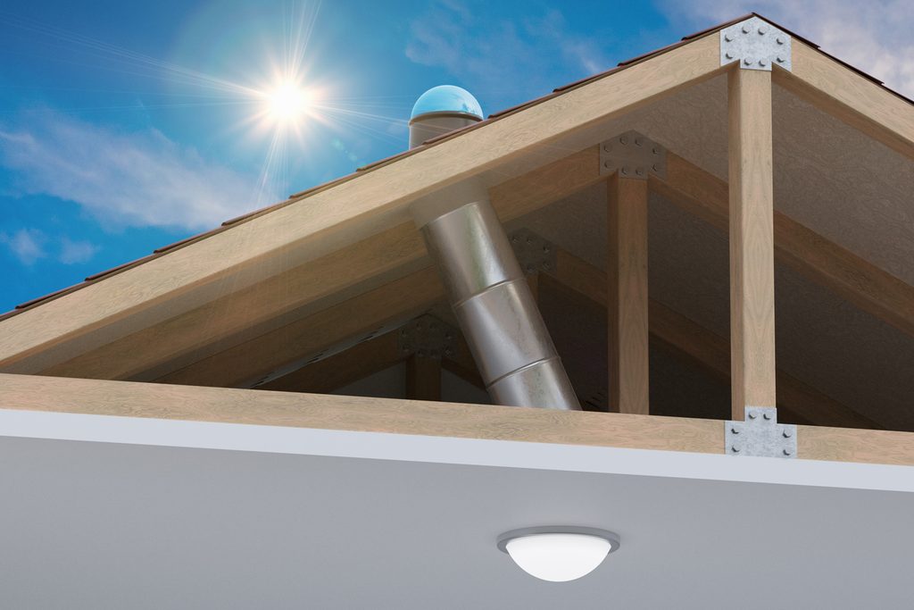 tubular or sunt tunnel skylight tube system for transporting natural daylight from roof into room. 3D rendered illustration by JNG Services