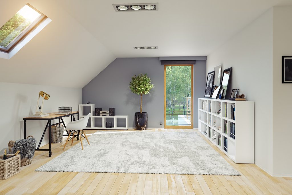 Modern Attic room interior. 3D rendering concept of velux skylgiht installation by JNG Services
